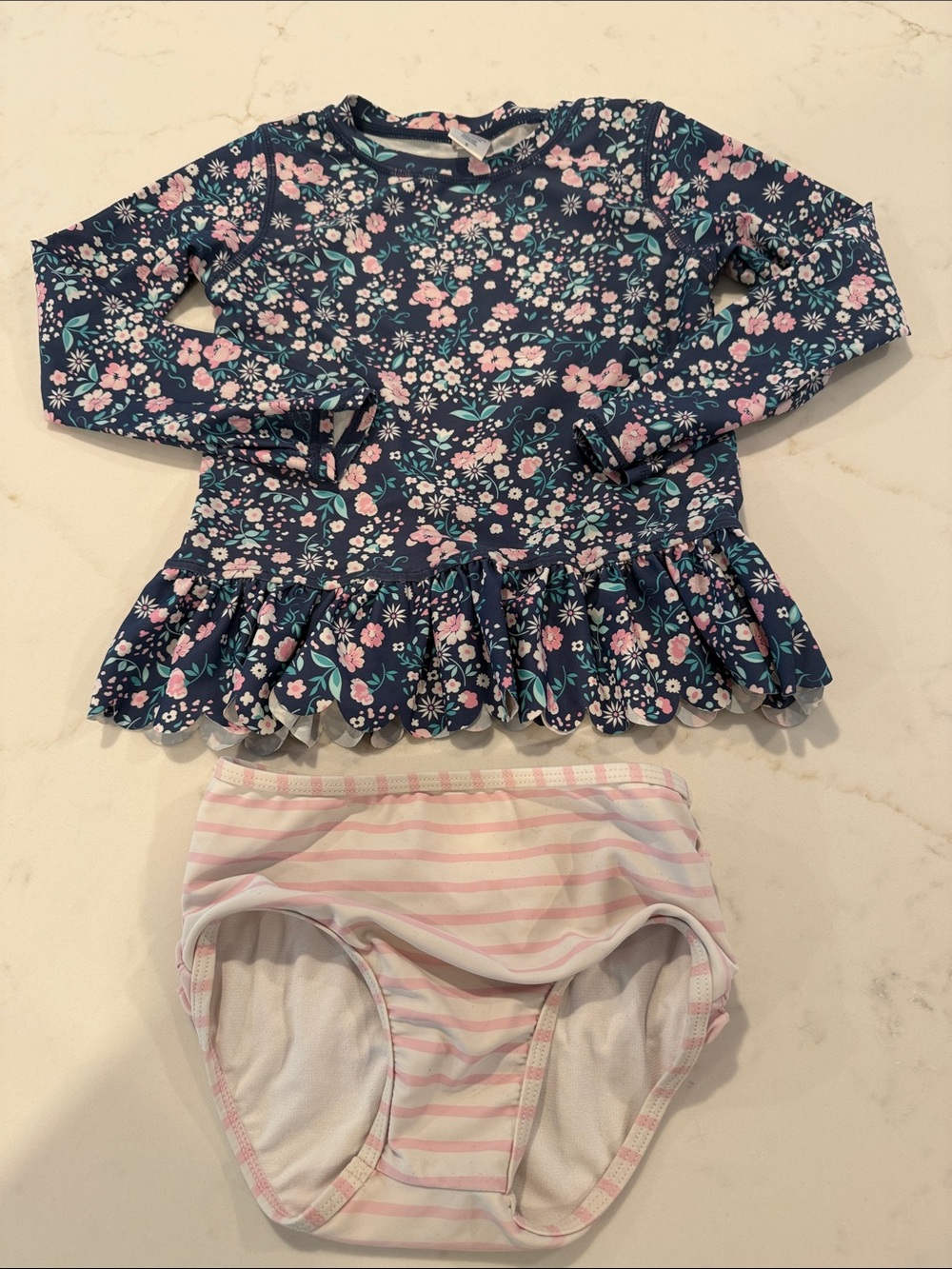 Navy Floral Ruffle Rash Guard Set with Pink Stripe Bottoms